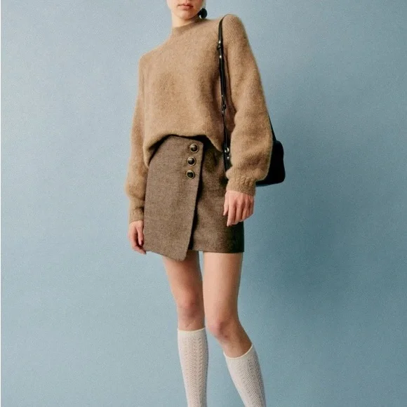 SEZANE Taupe Brown Wool Faux Wrap Mini Skirt Neutral Button Peter Skirt Sz 4 - Picture 6 of 12